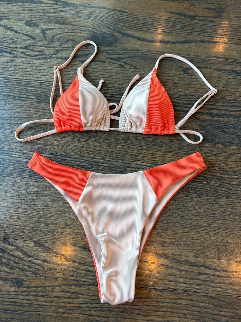 Zaful Two-Tone Cream and Orange Ribbed Triangle Bikini size small NWOT